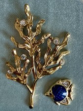1990’s Vintage Cabouchon quality costume jewellery - Seaweed brooch & Fish pin