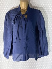 Womens Tu Uk 12 Dark Blue Long Sleeve Pussy Bow Smart Casual Blouse Shirt Top