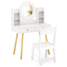 COSTWAY Kids Vanity Set  Princess Vanity Desk Set w/ LED Lighted Mirror-White