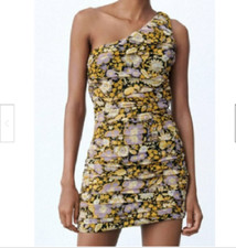 Zara floral one shoulder women dress yellow purple black size L