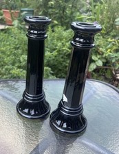 Column Candlesticks, 'Black Glass'  Dark Olive Green Glass Vintage 20cm Tall 