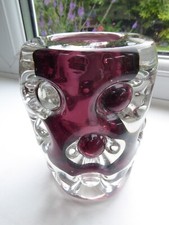 Mid Century LISKEARD Glass Vase purple Jim Dyer, 1970’s, knobbly hobnail heavy