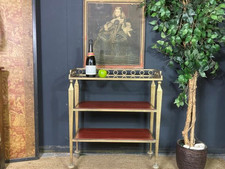A CHARMING ANTIQUE GILT METAL 3 TIER BUFFET TROLLEY ETAGERE OR SIDE TABLE
