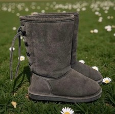 BEARPAW Women's Winter Snow Boots Gray Suede Lace Up Mid Calf Sheepskin Lined! 7