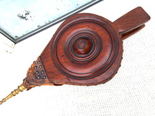 ANTIQUE CARVED WOOD & LEATHER & BRASS FIRE SIDE BELLOWS