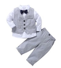 Page Boys Kid Wedding Birthday Party Grey Vest Formal Outfits Suits Bowtie Set