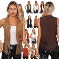 *Women Fringe Vest 70s Hippie Costume Sleeveless Faux Suede Tassel Outerwear