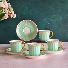 Lovely 4 Royal Crown Derby Coffee Cups & Saucers Set Green & Gilded Rim Great