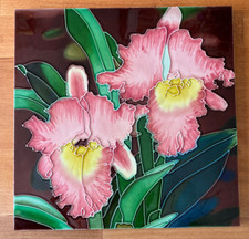 Vintage Benaya Ceramic Tile Pink Irises, Large - 12" square