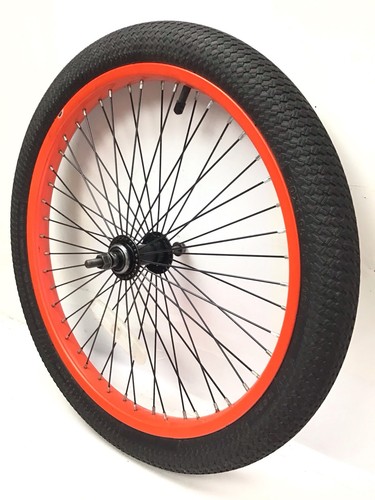 Bicycle front orange wheel - front,