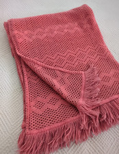 Vintage blanket pink fringed diamond cellular double blanket throw 60s 70s