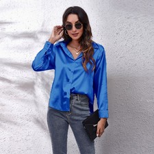 Ladies Summer Satin Silk Button Shirts Tee Work Button up Blouse Top Long Sleeve