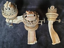 Three vintage oil lamp burners - two duplex, one folded wick