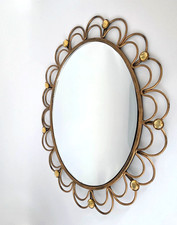 Vintage Boho Gold Metal Sunburst Wall Mirror Oval Scalloped Frame Gems Retro