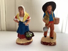 Two Vintage French Santon Clay Terracotta Figure Figurines ~ Stamped To Bases