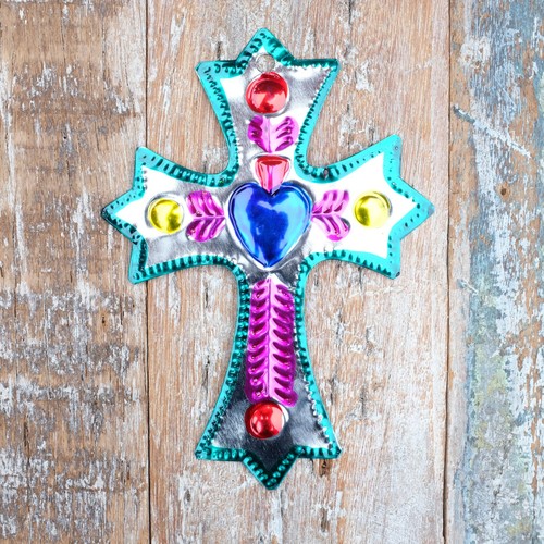 Mexican tin cross decoration - mexican,