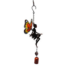 Hanging Fairy Wind Bell Chime - Orange Glass Wings Metal Decor