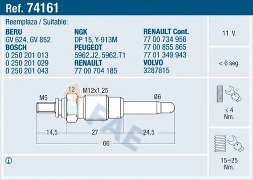 Fae 74161 glow plug for - 74161,