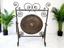 Antique Brass Dinner Gong Large 22" + Mallet Wrought Iron Stand Temple Gong 1960