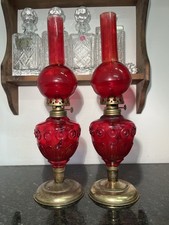 Pair Vintage Cranberry Glass Oil Lamps 42cm Brass Base Made in Hong Kong