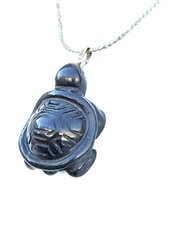 Vintage carved onyx turtle tortoise pendant black  on silver chain short