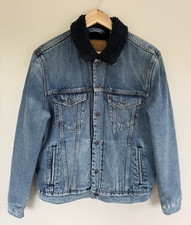 Mens Levi’s Premium Denim Sherpa Jacket  Medium Blue With Navy Fur Lined - Snap