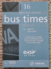 2001 Arriva Midlands North Bus Timetable Service 16 Burton 