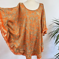 Ibiza Secrets Orange Satin Kaftan Top One Size Floral Cover-Up Beach Holiday