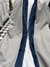 Linen Look Curtains, Greige, with  Blue Velvet Trim 133" W x 86.5" L - Pristine