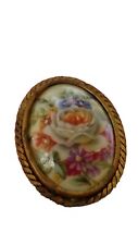 Gold Colour Rimmed Vintage Limoges Floral Brooch France Painted Collectable 