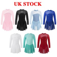 UK Kids Girls Long Sleeves Figure Ice Skating Roller Skating Ballet Dance Dress
