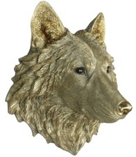 46.5CM WOLF HEAD WALL HANGING GOLD WILD DOG ANIMAL SCULPTURE POLYSTONE RESIN