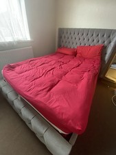 Grey Velvet Upholstered Bed Frame with Storage Ottoman