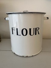 VINTAGE ANTIQUE  WHITE ENAMEL FLOUR BIN WITH LID FLOUR CONTAINER 8.5"   X  8.5" 