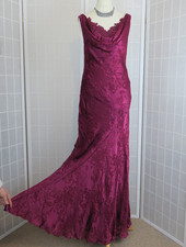 Laura Ashley Maxi Dress UK 10 Magenta Silk Mix Floral Devore Cowl Neck Bias Cut