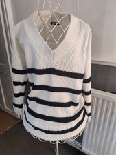 F&F Breton Black & Cream White Stripe V-Neck Knitted Jumper/Pullover UK 12 VGC