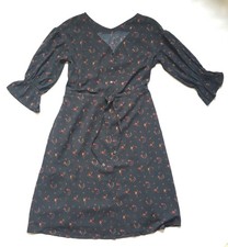 New 16UK Tea Dress Cottagecore Black Floral Bell Sleeves 40s Landgirl WW2 Sample