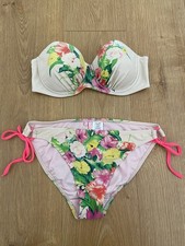 Ted Baker Beige Swim Set with Floral Print Strapless Top 34DD/E & Bottoms 3 UK14