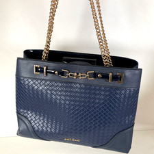 River Island Blue Faux Leather Large Woven Detail Handbag with Gold Tone Details