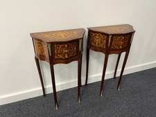 Pair of Louis XVI Style Marquetry Walnut & Mahogany Bedside Tables Demi Lune