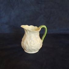 3" Belleek Parian China Green Handled Lotus Design Cream Creamer. 2nd Mark Black