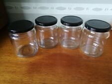 4 Medium Glass Jam Jars Pickle Wedding Preserves Flower Upcycle Candle Black Lid