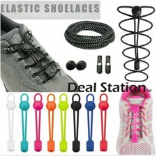 No Tie Shoe Laces Lazy Elastic Round Shoelaces Lock Adults Kids Sports Trainers 