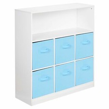 Wooden White 7 Cubed Cupboard Storage Unit Shelves 6 Sky Blue Drawers Baskets