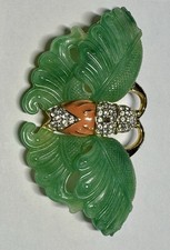 KJL Keneth Jay Lane Vintage Butterfly Brooch, Carved Jade, Pave Crystal Enamel