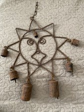 Handcrafted Rustic Vintage Metal Sun Wind Chime and 7 Cow Bells Garden Decor