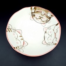 Mino Ware Japanese Smiling Cats Maneko Neko Bowl Pink Ex Condition