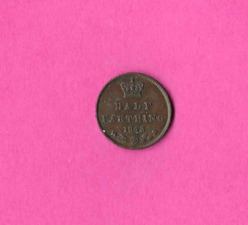 1843 half farthing coin - coin., young