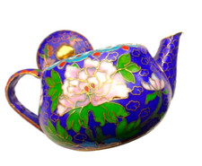 MCM Cobalt Enamel Cloisonné Mini Teapot - Pink Peony Floral Design Green Gold EC