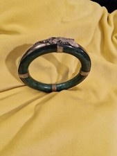 2 Antique Genuine Green Jade In Silver. 2 Dragons on  Bangle Slight Crack